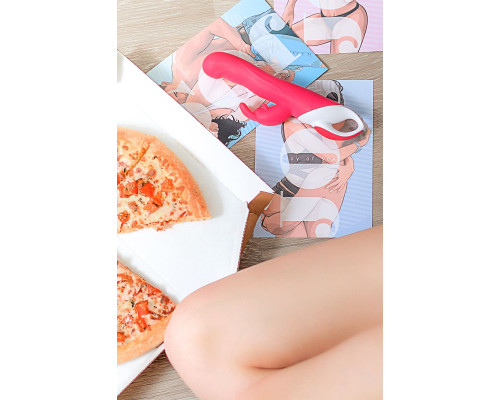 Розовый вибратор с клиторальным стимулятором ELLY с подогревом - 21,5 см.