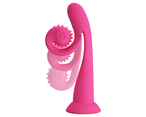 Розовый вибратор на присоске с закрученным клиторальным отростком - 20 см.