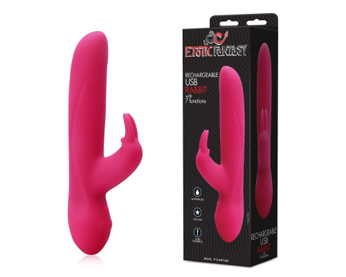 Розовый силиконовый вибратор с клиторальным отростком и 7 режимами вибрации - 21 см.