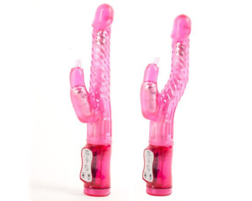 Розовый гнущийся вибратор с клиторальной стимуляцией - 24,5 см.