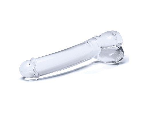 Прозрачный стеклянный фаллос с мошонкой Curved G-Spot - 18 см.