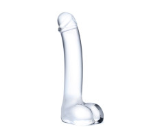 Прозрачный стеклянный фаллос с мошонкой Curved G-Spot - 18 см.