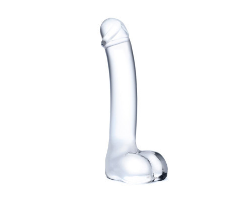 Прозрачный стеклянный фаллос с мошонкой Curved G-Spot - 18 см.
