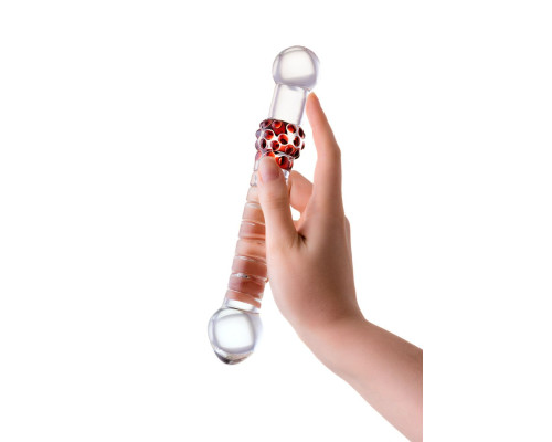 Стеклянный стимулятор с ручкой-шаром и цветными пупырышками - 22 см.