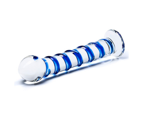 Стеклянный фаллоимитатор с голубой внешней спиралью - 18,5 см.