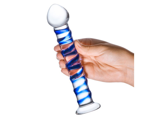 Стеклянный фаллоимитатор с голубой внешней спиралью - 18,5 см.
