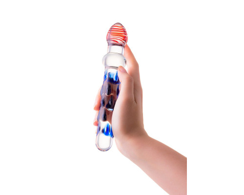 Стеклянный двусторонний фаллоимитатор с шишечками - 20 см.