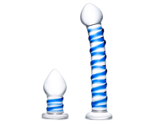Набор из 2 стеклянных игрушек с синей спиралью Swirly Dildo   Buttplug Set