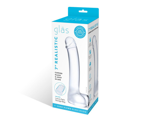 Прозрачный стеклянный фаллос с мошонкой Curved G-Spot - 18 см.
