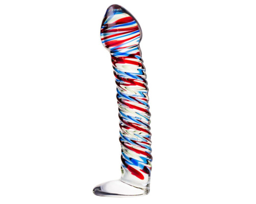 Стеклянный фаллос с разноцветными спиралями - 16,5 см.