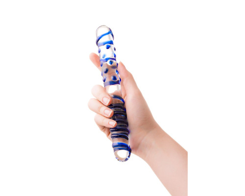 Двусторонний стеклянный фаллоимитатор с рельефом - 22 см.