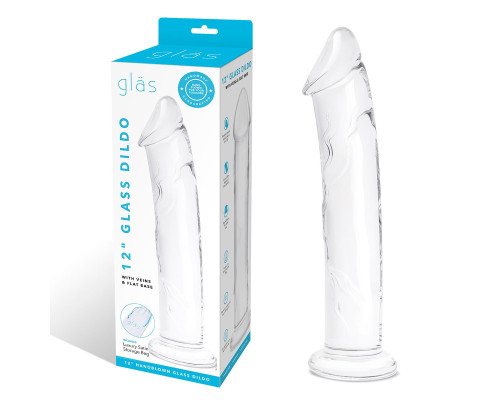 Большой стеклянный стимулятор 12’’ Glass Dildo With Veins   Flat Base - 28 см.