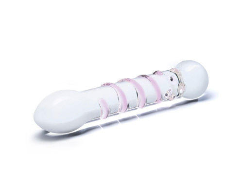 Прозрачный стеклянный фаллос с розовой спиралькой и массажными пупырышками - 18 см.