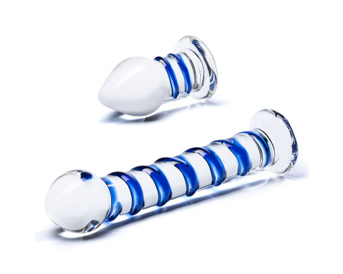 Набор из 2 стеклянных игрушек с синей спиралью Swirly Dildo   Buttplug Set