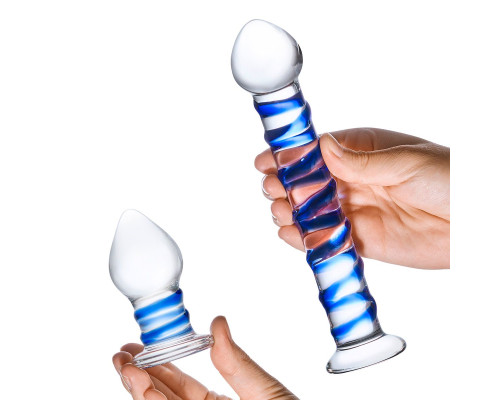 Набор из 2 стеклянных игрушек с синей спиралью Swirly Dildo   Buttplug Set