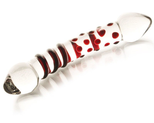 Двусторонний стеклянный фаллос с точками и спиралью - 20 см.