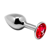 Серебристая анальная втулка Mini Metal Butt Plug Size M с красным кристаллом