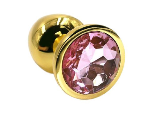 Золотистая алюминиевая анальная пробка с светло-розовым кристаллом - 6 см.