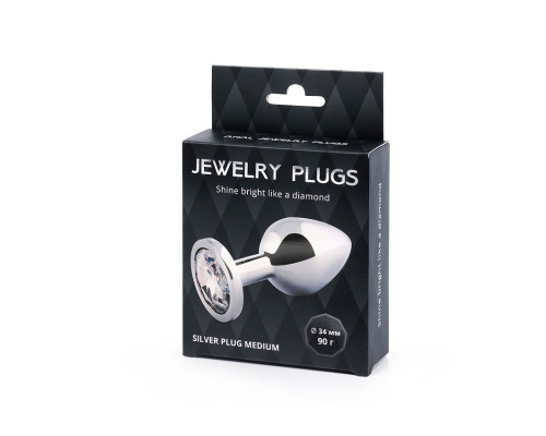 Анальная пробка SILVER PLUG MEDIUM с прозрачным кристаллом - 8,2 см.