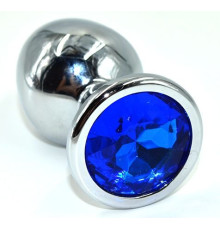 Серебристая анальная пробка из нержавеющей стали с синим кристаллом - 8,5 см.