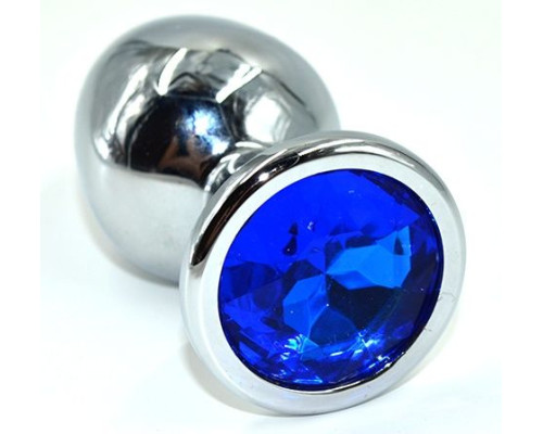 Серебристая анальная пробка из нержавеющей стали с синим кристаллом - 8,5 см.