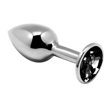 Серебристая анальная втулка с черным кристаллом Mini Metal Butt Plug Size M - 8 см.