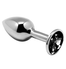 Серебристая анальная втулка с черным кристаллом Mini Metal Butt Plug Size M - 8 см.