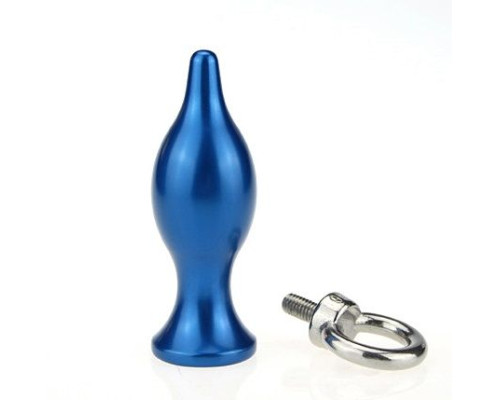 Синяя металлическая анальная пробка с кольцом - 7 см.