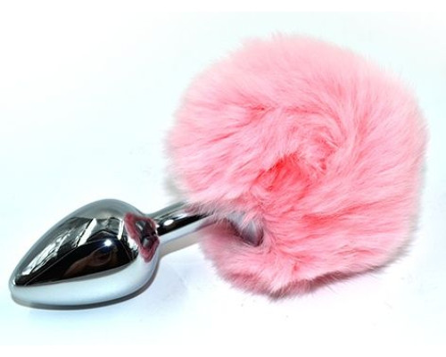Серебристая округлая анальная пробка с заячьим хвостиком розового цвета - 11,5 см.