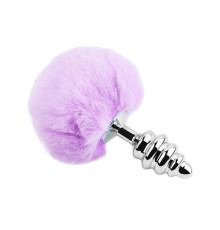 Серебристая анальная пробка с сиреневым мехом Metal Anal Fluffly Twist Plug L