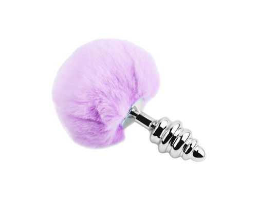 Серебристая анальная пробка с сиреневым мехом Metal Anal Fluffly Twist Plug L