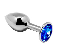 Серебристая анальная втулка с синим кристаллом Mini Metal Butt Plug Size M - 8 см.