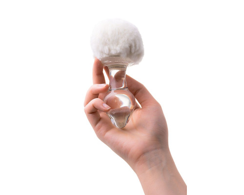 Стеклянная анальная втулка с белым хвостиком - 14 см.