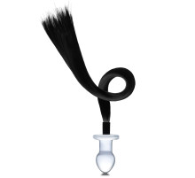 Стеклянная анальная пробка с черным конским хвостом