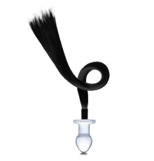 Стеклянная анальная пробка с черным конским хвостом