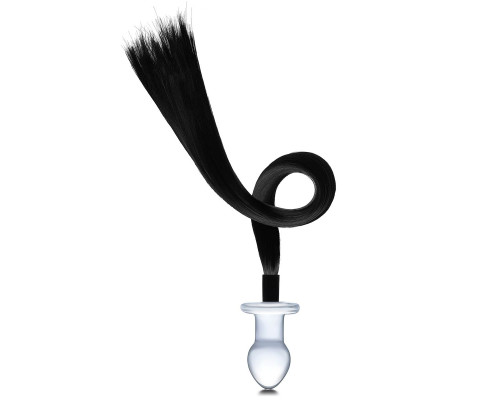 Стеклянная анальная пробка с черным конским хвостом