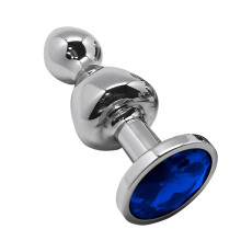 Серебристая анальная втулка Wooomy Lollypop M с синим кристаллом - 9,4 см.