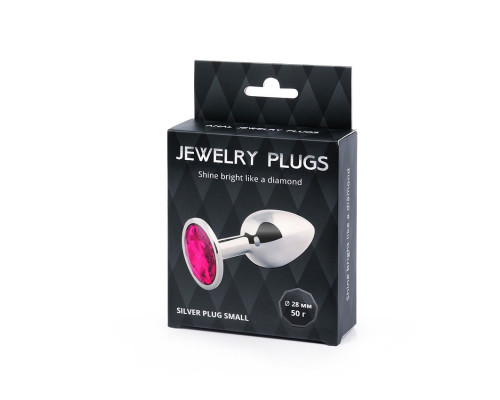 Серебристая анальная пробка с малиновым кристаллом - 7,2 см.