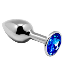 Серебристая анальная втулка с синим кристаллом Mini Metal Butt L - 9 см.