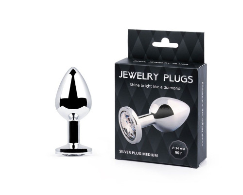 Анальная пробка SILVER PLUG MEDIUM с прозрачным кристаллом - 8,2 см.