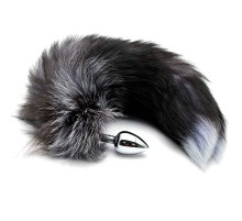 Серебристая анальная пробка с темным лисьим хвостом Black   White Fox Tail Size S