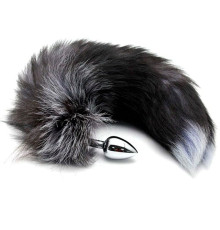 Серебристая анальная пробка с темным лисьим хвостом Black   White Fox Tail Size S