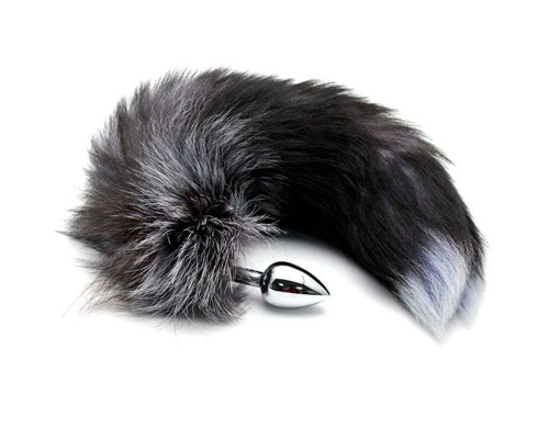 Серебристая анальная пробка с темным лисьим хвостом Black   White Fox Tail Size S