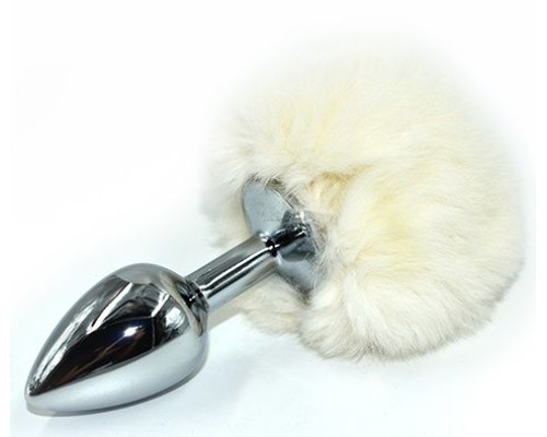 Серебристая округлая анальная пробка с заячьим хвостиком белого цвета - 11,5 см.