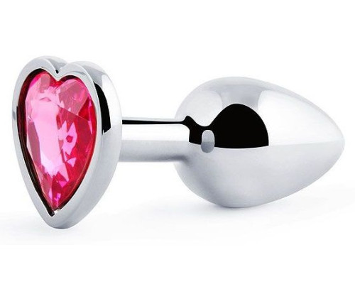 Серебристая анальная пробка с малиновым кристаллом-сердечком - 7 см.