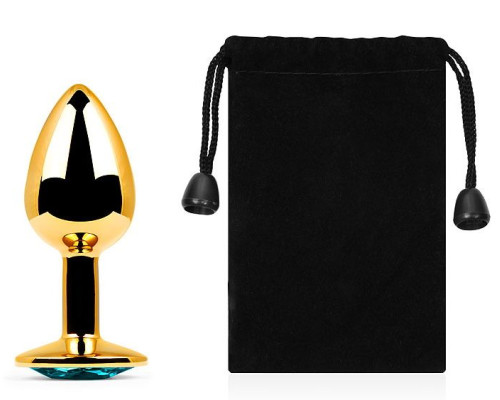 Золотистая анальная пробка с голубым стразом - 7,2 см.