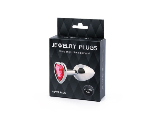 Серебристая анальная пробка с розовым кристаллом-сердечком - 7 см.