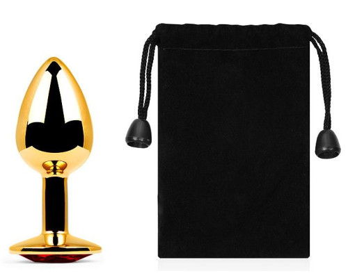 Золотистая анальная пробка с красным стразом - 7,2 см.