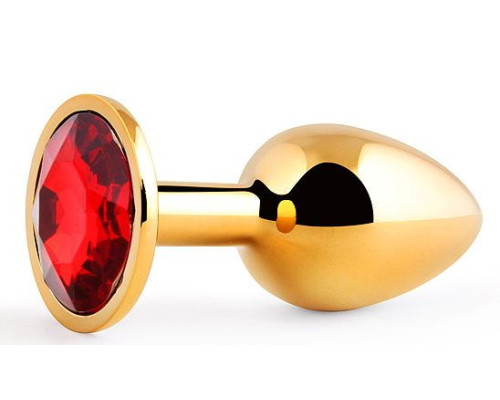 Золотистая анальная пробка с красным стразом - 7,2 см.