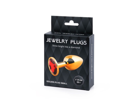 Золотистая анальная пробка с красным стразом - 7,2 см.